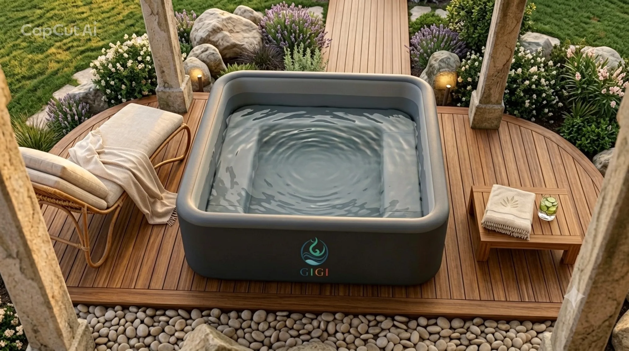 Piscine GIGI FRANCE Cristal à banc immergé installée dans un jardin